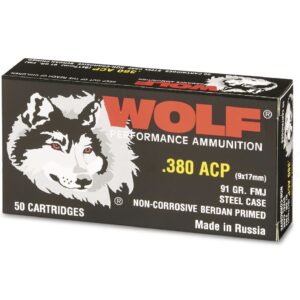 Wolf 380 Auto 91 Grain FMJ Ammunition Five Fifty Count Boxes, 250 Total Rounds