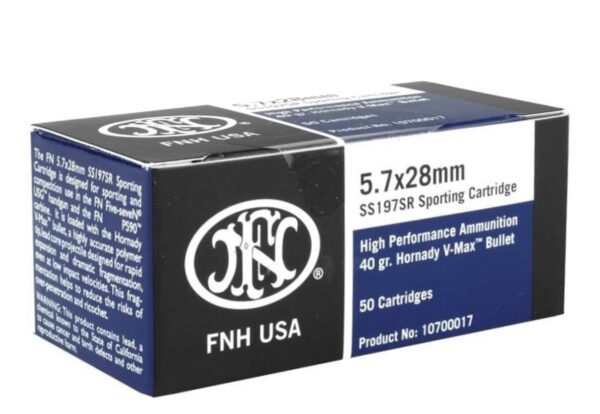 FN Herstal SS197SR FN 5.7x28mm Ammunition 40 Grain Hornady V-Max -SS197SR, two 50 count boxes, 100 Total Rounds.